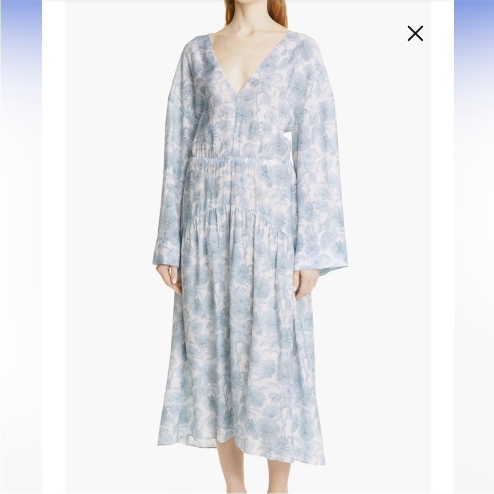 Vince Dahlia Print Long Bell Sleeves Double V Neck Rayon Flowy Maxi Dress - Picture 4 of 12